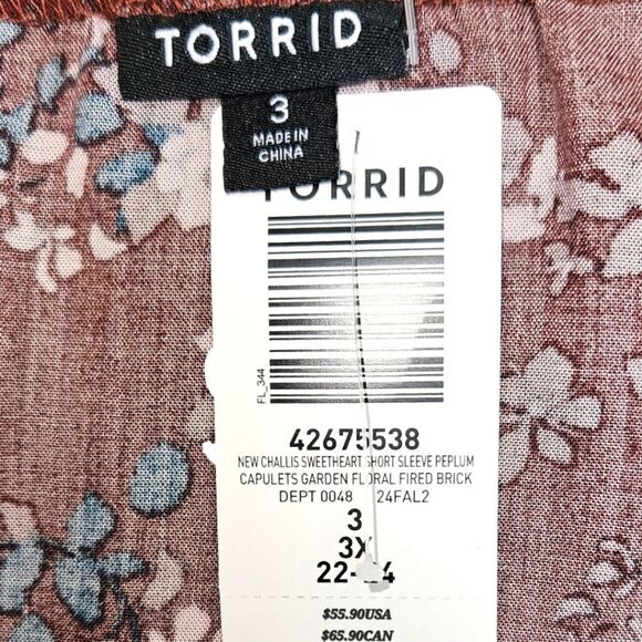 TORRID NEW Plus Size Challis Sweetheart Neck Short Sleeve Peplum Top 3X - Picture 8 of 16